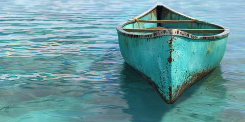 Turquoise Outrigger Canoe: An outrigger canoe floating on calm, tropical waters, its hull painted a vivid turquoise blue