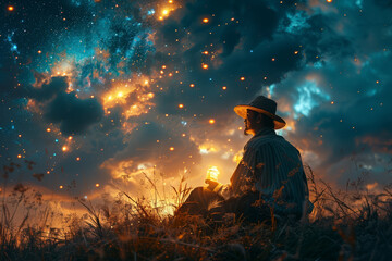 A storyteller using a magic lantern to project tales onto the night sky. Concept of narrative creativity. Generative Ai.