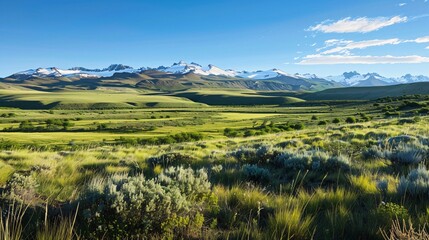 Fototapeta premium A tranquil scene capturing the essence of Patagonia's diverse landscape, featuring rolling green hills, scattered scrub, and distant snow-covered mountains under a bright, cloudless sky, evoking a