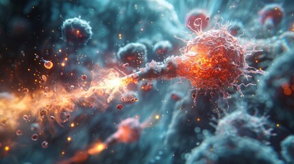 Powerful White Blood Cell Engaging Germs with Laser Gun in Dynamic 3D Cartoon Illustration