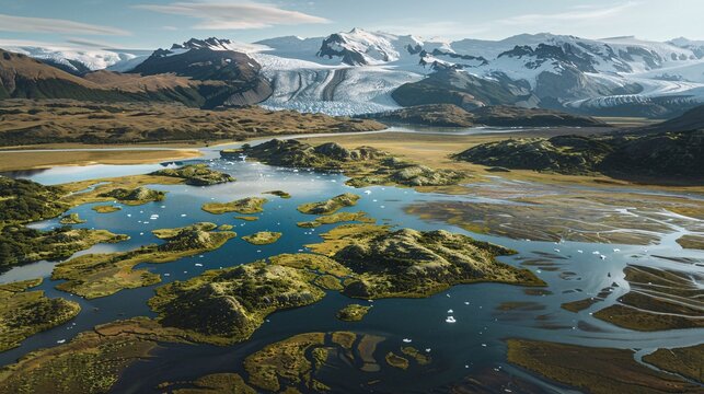 A detailed portrayal of Patagonia's lush, green terrain juxtaposed with the stark, icy expanse of glaciers, highlighting the natural patterns and textures that define this unique and breathtaking