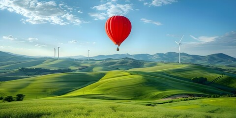 Fototapeta premium Scenic view of wind turbines and a red hot air balloon over rolling green hills. Concept Wind Turbines, Hot Air Balloon, Scenic View, Green Hills, Landscape Photography