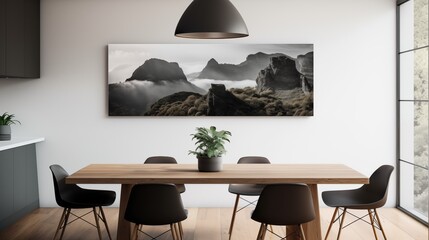 photo of a modern kitchen with large oakwood dining table and a large architectural photo or landscape photo hanging on the wall