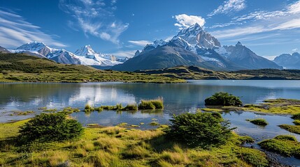 Naklejka premium A serene and expansive landscape of Patagonia, where the green hues of the vegetation contrast with the white of the glaciers, under a clear, bright sky, creating a simple yet majestic scene