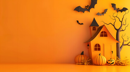 Cute halloween house, pumpkin, bats, and tree on orange background with copy space, minimalistic style, banner design