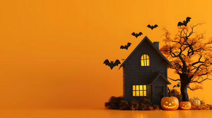 Cute halloween house, pumpkin, bats, and tree on orange background with copy space, minimalistic style, banner design