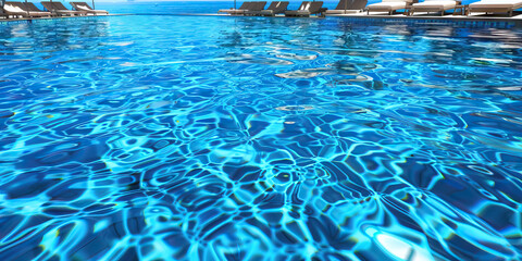 Sapphire Blue Swimming Pool: A crystal-clear swimming pool with loungers and umbrellas scattered around, accentuated by a bright blue color