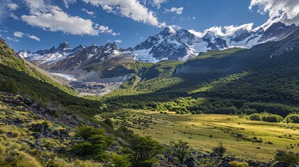 Fototapeta premium A detailed scene of Patagonia's rugged beauty, highlighting the natural patterns of the vegetation and the stark contrast between the green valleys and the white glaciers, under a bright, clear sky