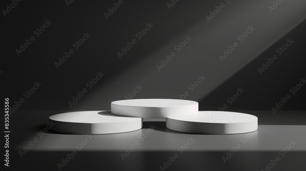 Poster three white circular platforms arranged on a dark surface with dramatic lighting casting shadows, cr