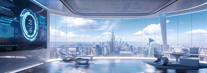 Fototapeta premium Sleek futuristic office space with high-tech digital interfaces, modular furniture, and panoramic city views