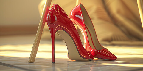 Ruby Red High Heels: A pair of stylish high heels, neatly arranged on a rack or floor, contrasting against a neutral-colored background