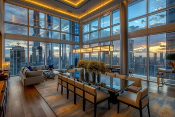 Sophisticated penthouse dining room with panoramic windows, contemporary furniture, and sweeping views of the urban skyline