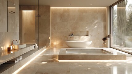  Immerse yourself in the sleek sophistication of a contemporary European bathroom showcasing a built-in bathtub and a floating vanity with integrated storage