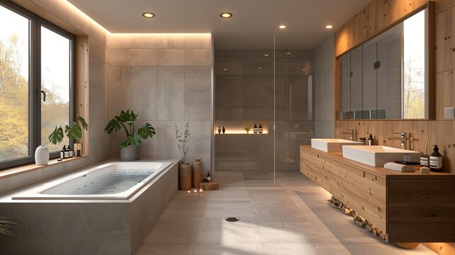  Immerse yourself in the sleek sophistication of a contemporary European bathroom showcasing a built-in bathtub and a floating vanity with integrated storage
