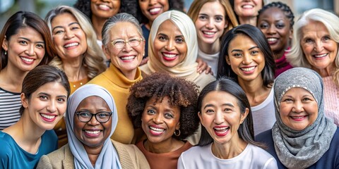 Diverse group portrait of smiling women celebrating international women's day with DEI concept background , diversity, equity, inclusion, women, international women's day, celebration
