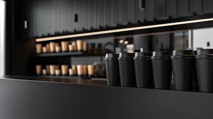 Black pyramid shaped set of blank cardboard paper cups with caps on top displayed on the right side in a black and mirrored retail mockup