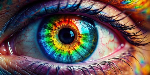 Close up of a human eye with vibrant colors and intricate detail, eye, close up, macro, detail, iris, colorful, pupil, sight, vision, close-up, anatomy, medical, health, optics, focus