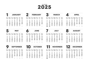 2025年のシンプルなデザインの年間カレンダー - 日曜始まり･12ヶ月･1年分の暦 - A判比率