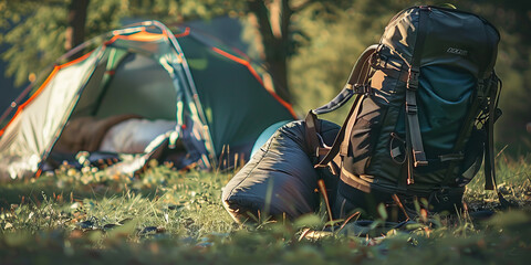 Forest Green Adventure Awaits: Rugged camping tent, sleeping bag, and a backpack, resting on a patch of grass with trees in the distance