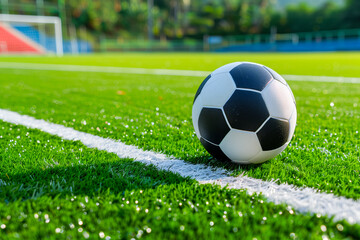 Banner of Soccer ball on the playing field in big stadium