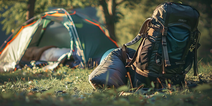 Forest Green Adventure Awaits: Rugged camping tent, sleeping bag, and a backpack, resting on a patch of grass with trees in the distance