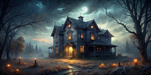 Abandoned house with lights on, spooky scenery in dark night , horror, abandoned, house, lights, spooky, dark, night, creepy, eerie, atmospheric, mysterious, haunted, scary