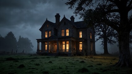 As midnight descends, the decrepit house emerges from the mist, its crumbling pillars and jagged roofline a haunting sight against the inky blackness