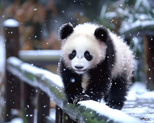 cute baby panda walking on a wooden pathway covered in snow. with a playful and curious demeanor,...