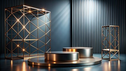 metal surface podium on stage with geometric shapes for product display presentation, metal, surface, podium, stage, geometric, product display, presentation, minimal, mockup, showcase