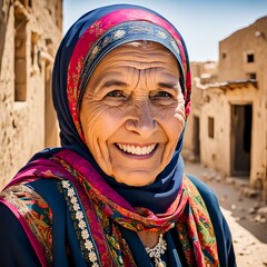 Palestinian ( Arabic ) traditional old woman dressed in vibrant colors, smiling 