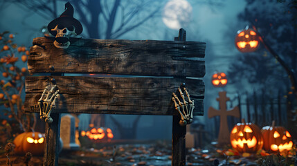 Wooden sign with a human skeleton hand holding the wooden board, fantasy Halloween background with scary pumpkins and a graveyard