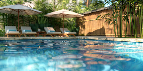 Aqua Blue Spa Retreat: Outdoor pool with lounge chairs, umbrellas, and a bamboo fence surrounding a private cabana