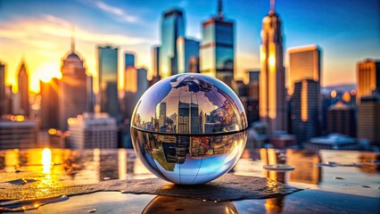 Globe and glass balls with city skyline in the background, globe, glass balls, city, skyline, urban, architecture, global,sphere, metropolitan, downtown, modern, exterior, design, reflection - Powered by Adobe