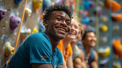 A diverse group of friends at the indoor gym are focused, energetic, and rock climbing together