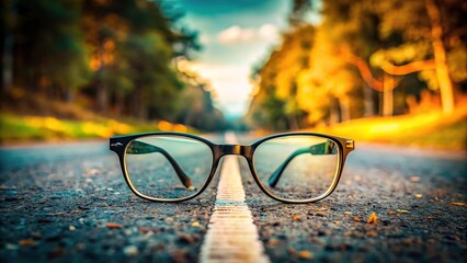 Photo of glasses lying on the road symbolizing vision problems and the importance of vision correction, eyewear, lost glasses, street, pavement, eye health, vision impairment