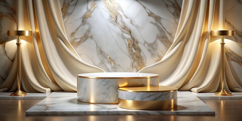 Marble display podium with gold cloth, perfect for cosmetic product mockup, , podium, marble, display, black background, beauty, luxury, stone, step, pedestal, minimalist, banner, gold