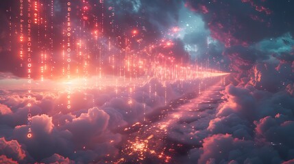 A surreal painting of binary code streams flowing through a futuristic landscape, with glowing pink and cyan digits, set against a dreamy, cloud-filled sky.