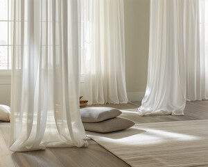 Serene meditation room with soft textures, natural elements, and diffused sunlight filtering through sheer curtains