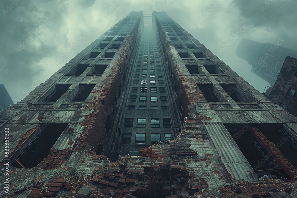 Poster a sleek skyscraper rising from a dilapidated ruin. concept of modern vs. ancient. generative ai.