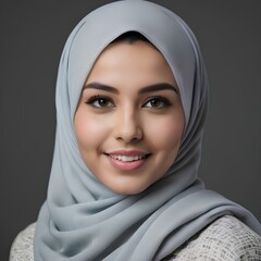Arabic warm and friendly photo of a young hijab 25 years woman smiling brightly. 