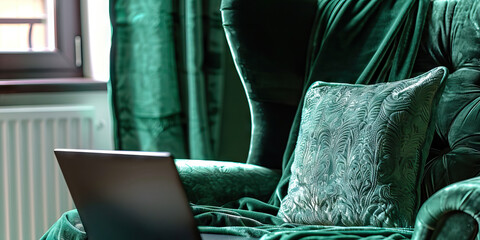 Emerald Green Laptop Lounge: Cozy reading nook with a plush chair, green velvet blnket