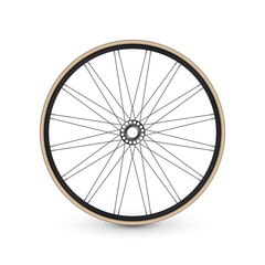 Realistic 3d retro bicycle wheel. Bike rubber tire, shiny metal spokes and rim. Fitness cycle, touring, sport, road and mountain bike. Vector illustration