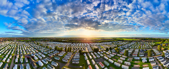 Sunset Aerial Panoramic View of the UK Seaside Skegness, a busy tourist town with something for...