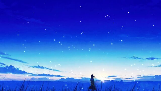 Animated illustration of A Quiet Scene of a Girl in The Grass Animate With The Movement Of The Wind and the Movement of the 3D Camera