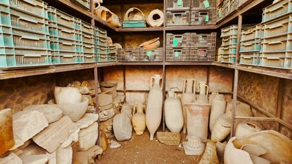 Remains of pottery and amphorae found in the Macellum (public market), Pompeii, Naples, Campania, Italy, ancient Roman city buried by Mount Vesuvius in 79 AD