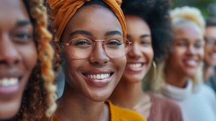 Fototapeta premium Portrait of smiling african american woman with friends on background