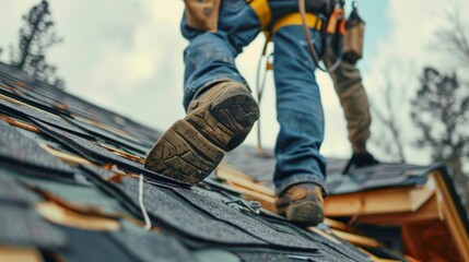  Intense close-up of a roofer wearing a safety belt, actively working on roof repairs, highlighting safety and precision