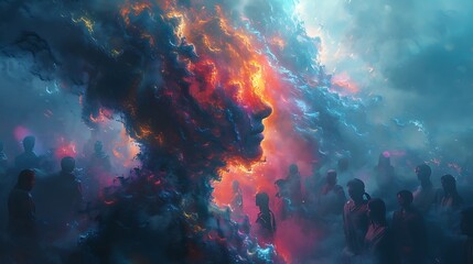 A vibrant digital artwork of Echoes of AI, where colorful digital waves ripple through a crowd of people, each wave altering their expressions and gadgets, showing the personal impact of AI.