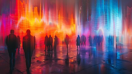 A vibrant digital artwork of Echoes of AI, where colorful digital waves ripple through a crowd of people, each wave altering their expressions and gadgets, showing the personal impact of AI.