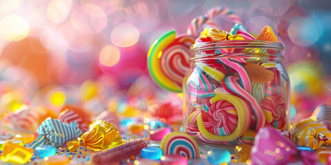 Sweet Tooth: A candy jar filled with colorful candies and wrapped sweet treats